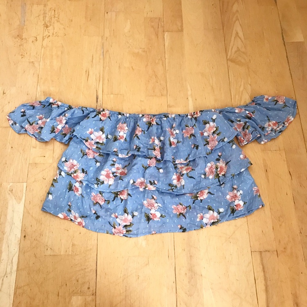 American Eagle Outfitters Blue Floral Off-Shoulder Blouse